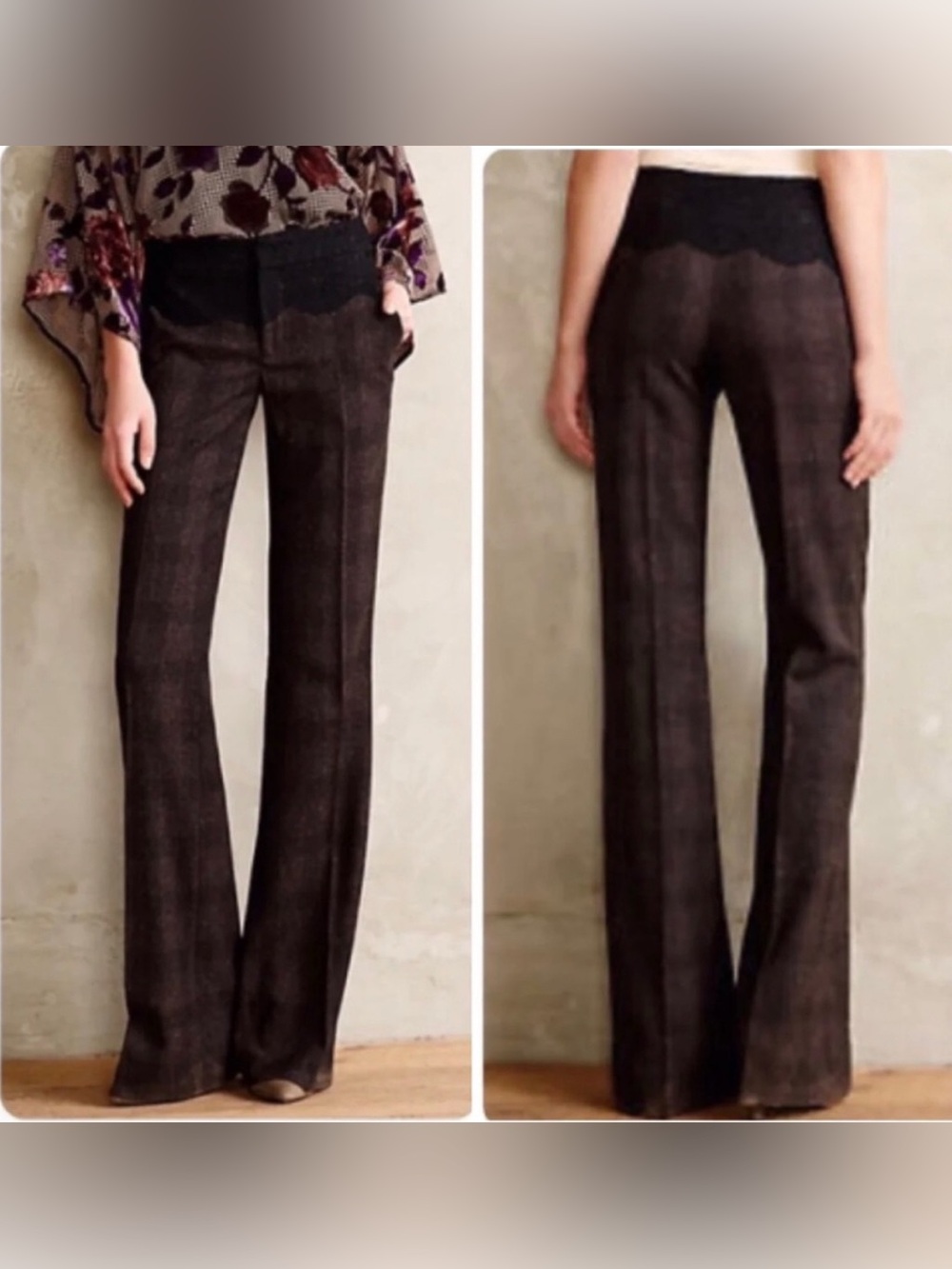 Elevenses Brown Plaid Boot-Cut/ Flare Pants with Black Lace Waist Panel